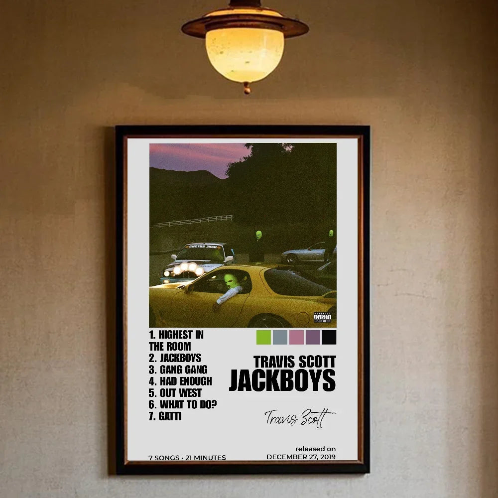 T-Travis Scott Astroworld Jackboys Music Album Poster art canvas painting home living room bedroom bar aesthetic decorati