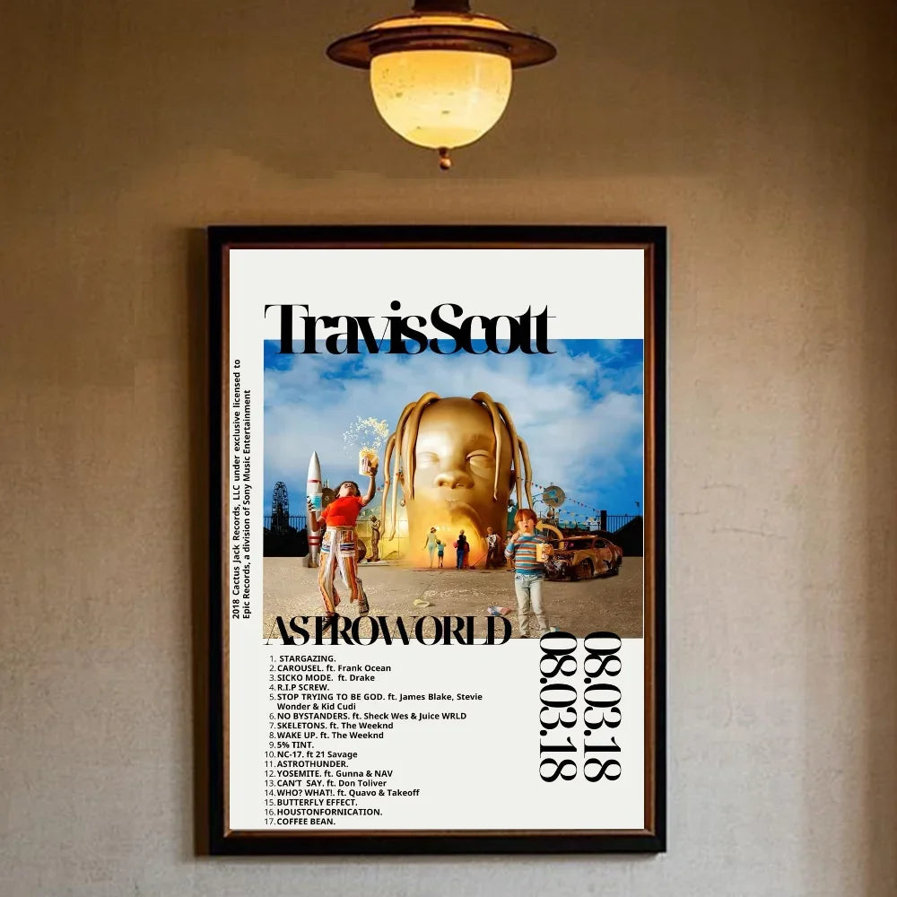 T-Travis Scott Astroworld Jackboys Music Album Poster art canvas painting home living room bedroom bar aesthetic decorati